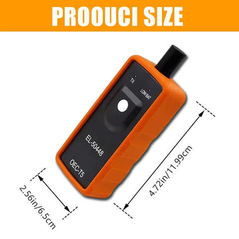 GM TPMS Relearn Tool For Tire Sensor Activation EL-50448, orange diagnostic tool, 4.72 x 2.56 inches, for tire pressure monitoring.