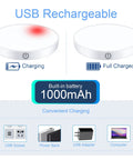 Charging and full charge status of Rechargeable Touch Night Lights with 1000mAh battery and USB power options displayed.