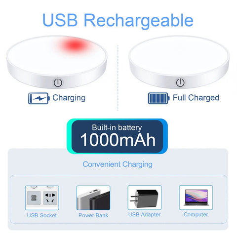 Charging and full charge status of Rechargeable Touch Night Lights with 1000mAh battery and USB power options displayed.