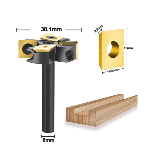 Built Tough Two Flute Wood Planer Router Bit Featuring Premium Carbide Inserts And Ats Coated Edges For Dead Flat Spoilboard Surfacing and Slab Jointing Exactly Thirty Eight Point One Millimeters with detailed views of sizes.
