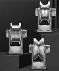 Heavy Duty V Groove Gate Wheels Pair Smooth As Butter Stainless Steel Sliding Door Track Rollers in three angles on display.