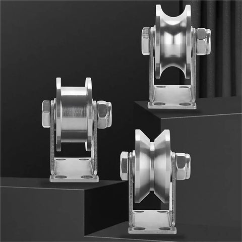 Heavy Duty V Groove Gate Wheels Pair Smooth As Butter Stainless Steel Sliding Door Track Rollers in three angles on display.