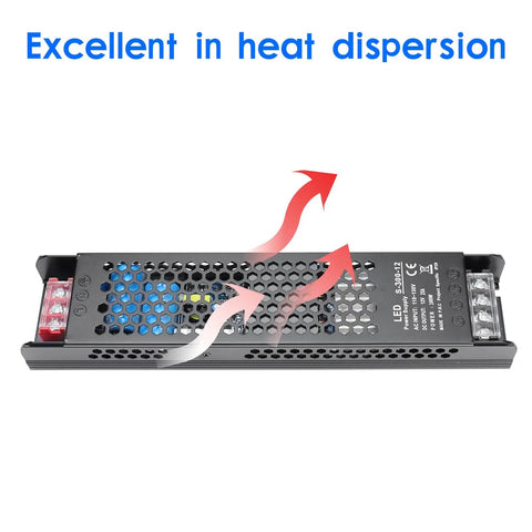 Heavy Duty 12V 25A 300W Universal Switching Power Supply 110V AC To 12V DC LED Driver And Adapter For Strip Lights Lamps And Radios With Overload Over Voltage Over Current And Short Circuit Protections, black metal housing with heat vents
