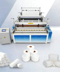 Heavy Duty Commercial Tissue Paper Machine Industrial Toilet Paper Production Line with white rolls, auto cutter, and rewinder.