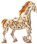 3D Wooden Puzzle Kit Mechanoid Horse Self Propelled Mechanical Horse Model With Gears And Moving Parts, Hands On Wood Craft For Adults, Teens, And Curious Builders. Front view of assembled wooden horse with moving gears and legs