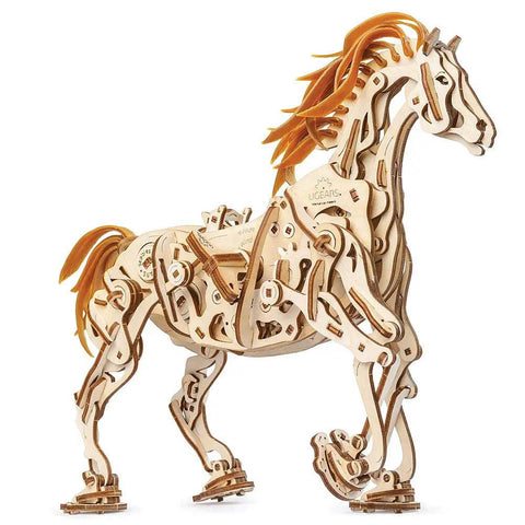 3D Wooden Puzzle Kit Mechanoid Horse Self Propelled Mechanical Horse Model With Gears And Moving Parts, Hands On Wood Craft For Adults, Teens, And Curious Builders. Front view of assembled wooden horse with moving gears and legs