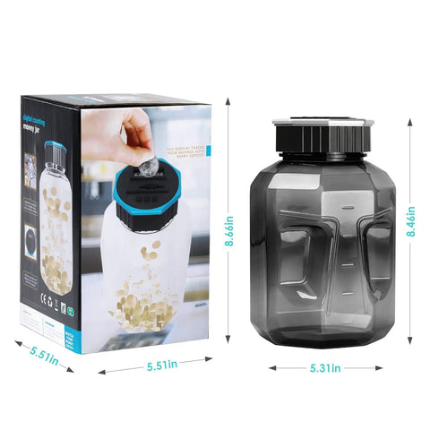 Extra Large Piggy Bank For All US Coins With LCD Digital Counter, 2.4L Capacity, showing coin jar and packaging with dimensions