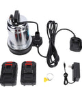 Badass Cordless Submersible Sump Pump With Supercharger 24000mAh Battery, two batteries, and charging cable, portable design.