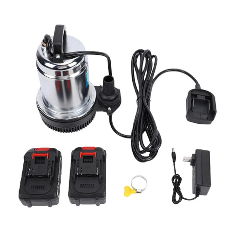 Badass Cordless Submersible Sump Pump With Supercharger 24000mAh Battery, two batteries, and charging cable, portable design.