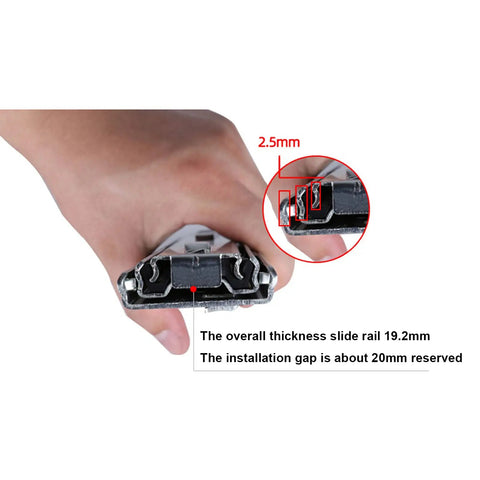 Heavy Duty Drawer Slide Rails Built Tough With Secure Lock Clasp, showing 19.2mm thickness and installation gap of 20mm.
