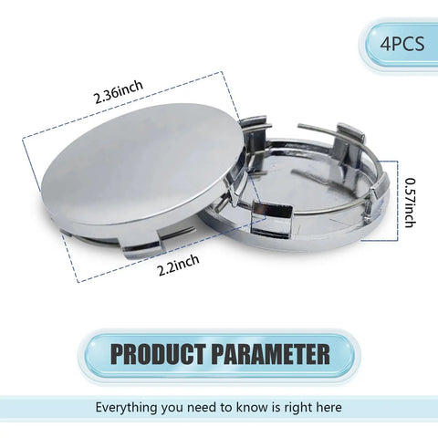 Pack Of 4 Universal Car Wheel Hub Caps 2.36 Inch Outer Diameter 2.2 Inch Inner Diameter Snap In Rim Covers Silver, side view with dimensions.