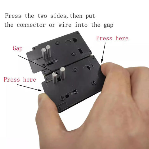 Badass Pro Soldering Station Jig Snaps Right On For Xt90 Ec5 Ec3 T Plugs X30 Connectors shows user pressing sides to secure wires.