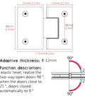 Diagram of heavy duty shower glass door hinge 180 degree stainless steel clamp hasps for glass walls and cabinets, showing dimensions.