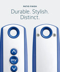 Close-up of Telis 1 Patio Remote For Outdoor Blinds And Shades, All Weather Single Channel Handheld Controller in blue and gray