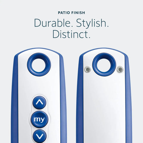 Close-up of Telis 1 Patio Remote For Outdoor Blinds And Shades, All Weather Single Channel Handheld Controller in blue and gray