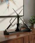 Dope Dual Blade Display Stand For Sai And Kama Katana Tanto Rapiers Black Wooden Vertical Holder showcasing metal sai