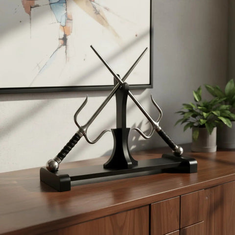Dope Dual Blade Display Stand For Sai And Kama Katana Tanto Rapiers Black Wooden Vertical Holder showcasing metal sai