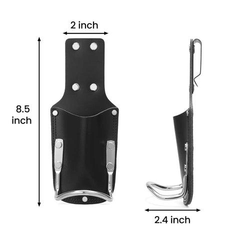 Rugged Leather Belt Holster With Steel Clip For Hammer, Pliers, Box Cutter And Utility Knife, shown front and side view