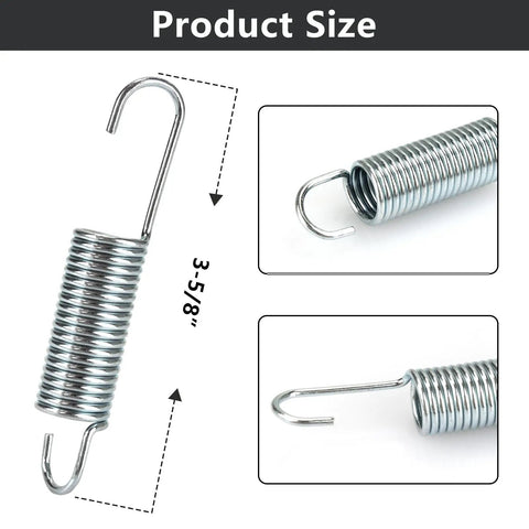 Top Tier Heavy Duty Replacement Recliner Chair Mechanism Tension Springs 3 5 8 Inch Long Neck Hook Style shown with measurements.