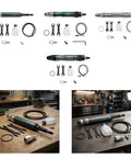 Heavy Hitter Pneumatic Die Grinder Kit With High Speed Air Polisher Engraving Pen and Rugged Metal Housing on workbench.