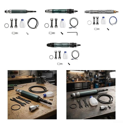 Heavy Hitter Pneumatic Die Grinder Kit With High Speed Air Polisher Engraving Pen and Rugged Metal Housing on workbench.