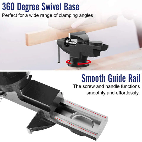 3 Inch Universal Swivel Base Table Vise With 360 Degree Rotation Portable Bench Clamp for woodworking showing swivel mechanism.