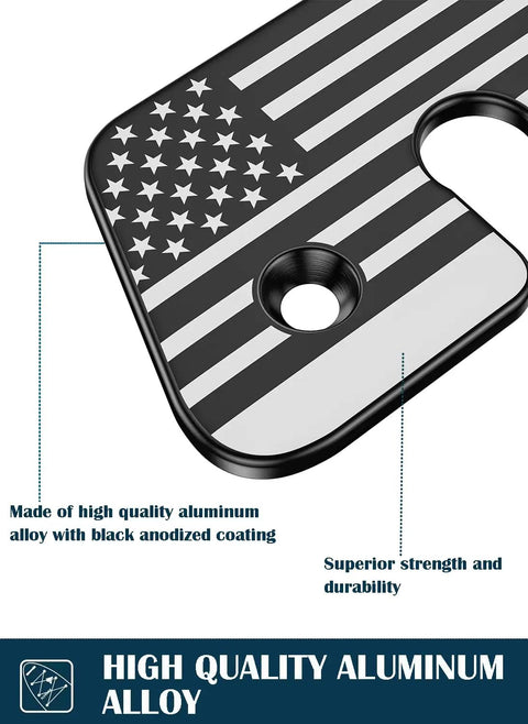 Aluminum Alloy Sun Visor Repair Kit For Jeep Wrangler JK JL And Gladiator Keeps Your Sagging Visor Tight And Secure With Easy Install American Flag Sun Visor Clips For 2018 2019 2020 2021 2022 2023 Models featuring black anodized coating on high-quality aluminum with an American flag design.
