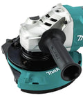 Front view of 7 Inch Dust Extraction Surface Grinding Shroud with Soft Brushes on grinder, showing slidable edge and 1-7/16 inch hose connection.