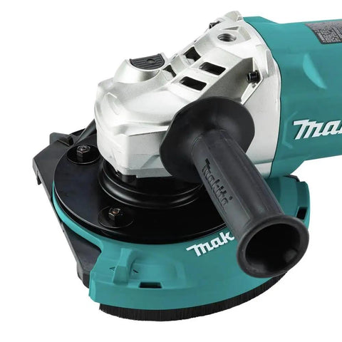 Front view of 7 Inch Dust Extraction Surface Grinding Shroud with Soft Brushes on grinder, showing slidable edge and 1-7/16 inch hose connection.