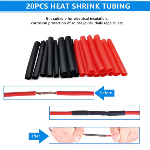 Assorted black and red heat shrink tubing with application steps for electrical insulation and repair.