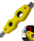 Must Have 4 In 1 Car Battery Terminal Cleaner And Corrosion Scouring Brush with yellow ABS handle and stiff wire bristles.