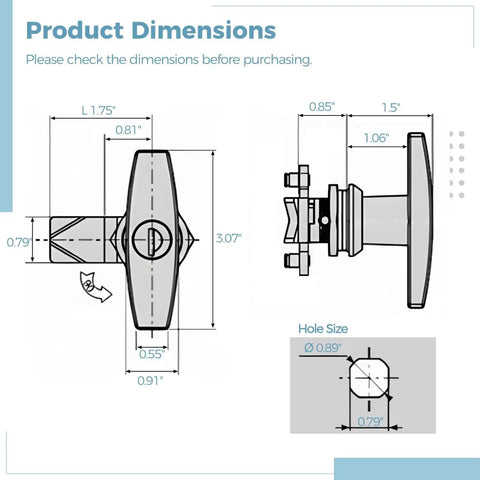 Technical diagram of Four Piece T Handle Cabinet Locks With Keys For RV And Truck Storage Drawers Campers and Trailers.