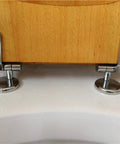 Premium Solid Wood Beech Elongated Toilet Seat With Rock Solid Stainless Steel Hinges showing durable metal hinge installation.