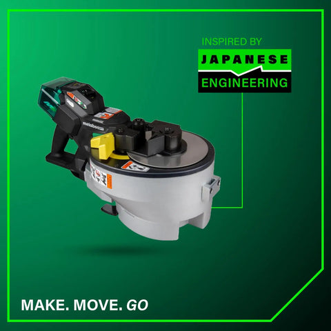 Badass Cordless Rebar Bender and Cutter Crushes Heavy Steel Tasks Fast Using One Brushless Motor and 36V Multivolt Battery side view on green background.