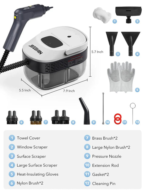Hardcore Heavy Duty Steam Cleaner With Three Adjustable Pressure Settings And Blazing Fast Heat Up Spacious Water Tank Plus Full Tool Kit, includes multiple attachments.
