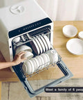 Fully Automatic Portable Countertop Dishwasher Crafted From Premium Stainless Steel packs LED Control Panel with plates for six place settings.