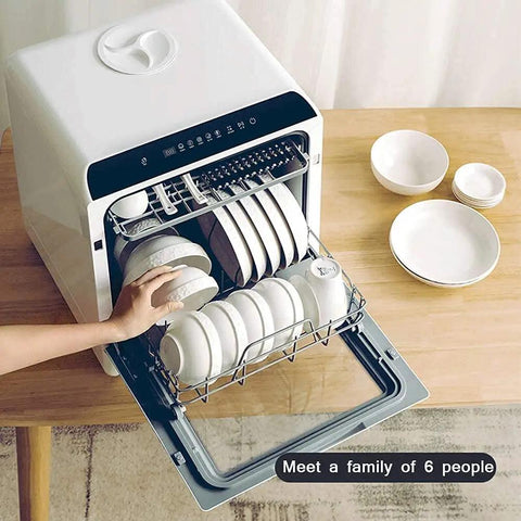 Fully Automatic Portable Countertop Dishwasher Crafted From Premium Stainless Steel packs LED Control Panel with plates for six place settings.