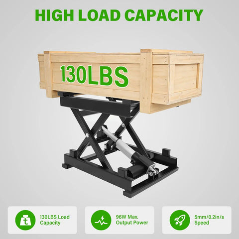 Rock Solid Electric Scissor Lift Table 130 Pound Capacity Adjustable Hydraulic Lifting Platform With Wireless Remote for loading crates.