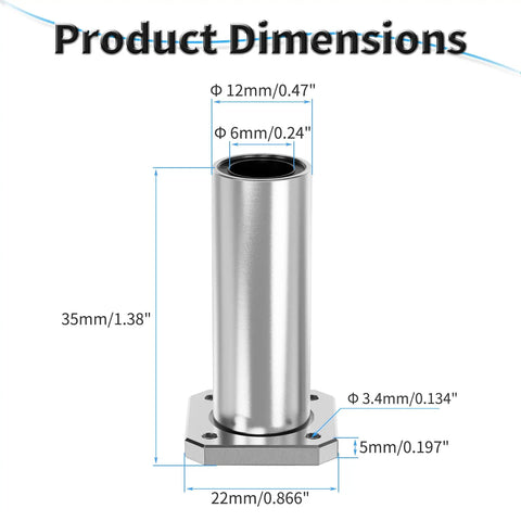 4 Pack LMK6LUU Square Flange Linear Motion Bearings dimensions showing 6mm inner diameter and 12mm flange size for DIY projects.