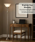 72 Inch Torchiere Floor Lamp With Brushed Nickel Finish And White Alabaster Glass Shade For Living Room Or Bedroom And Corner Lighting