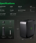 Smart AeroFlux Grow Tent Heater With Thermostat, 700W PTC Heating, compact black unit with specifications, extension hose and sensor probe shown.