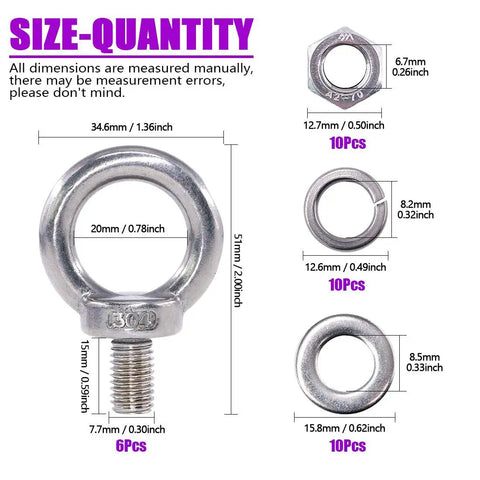 Heavy Duty 36 Piece Stainless Steel M8 Lifting Ring Eye Bolt Kit With 6 Eye Bolts And 10 Lock Nuts 10 Lock Washers And 10 Flat Washers Weatherproof And Rust Resistant For Indoor Outdoor Lifting And Hanging, size chart