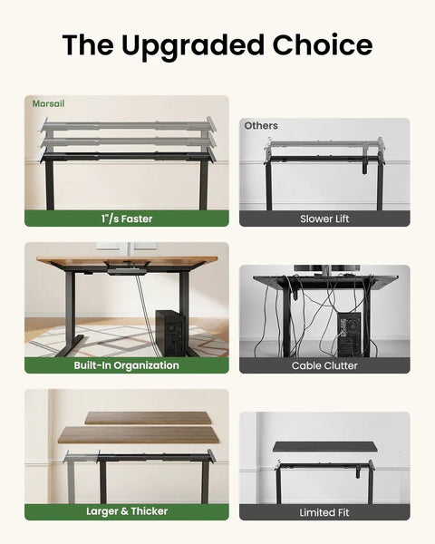 Image comparing Rock This Dual Motor Standing Desk Frame benefits like faster lift and built-in organization.