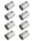 Eight One Inch Pipe Fitting Connector Two Way Stainless Steel Rail Fittings with brushed finish, arranged in a grid display.