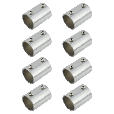 Eight One Inch Pipe Fitting Connector Two Way Stainless Steel Rail Fittings with brushed finish, arranged in a grid display.