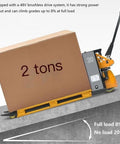 Rock Hard 4400 Lb Capacity Electric Pallet Jack With Fast Lithium Battery Walkie Truck carrying 2 tons on sloped surface.