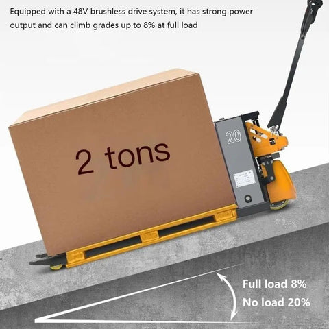 Rock Hard 4400 Lb Capacity Electric Pallet Jack With Fast Lithium Battery Walkie Truck carrying 2 tons on sloped surface.