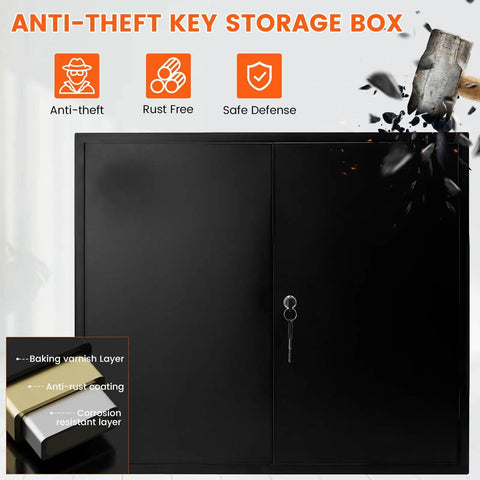 440 Key Lock Box With Wall Mount And Dual Doors Beefy Heavy Duty Steel Key Cabinet 20 Adjustable Hook Plates Index Log And Tags 440 Key Storage For Garage And Home Office Security Black, shown with anti-theft, rust-free features.