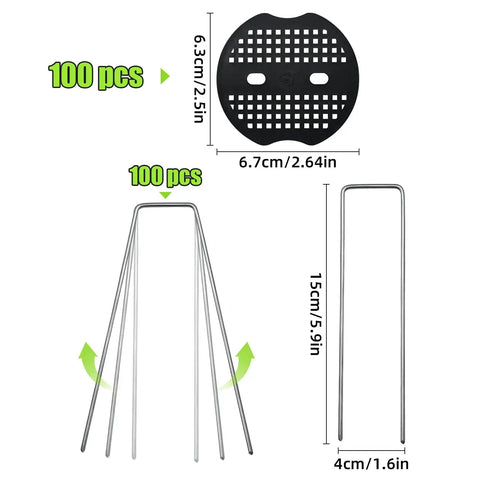 Heavy Duty Galvanized Steel U Shape Garden Stakes And Fixing Gasket Sets dimensions view with 100 pieces count and measurements.