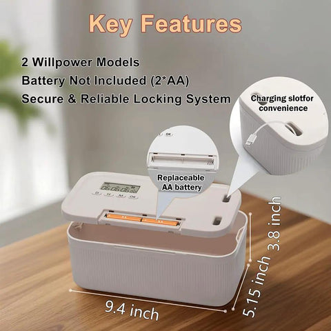 Portable Time Lock Storage Box With Precision Digital Timer Sets For Zero To Thirty Days, showing key features and dimensions.